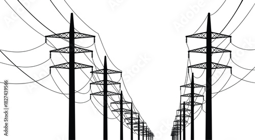 Black silhouette of power line towers and cables against a white background electricity