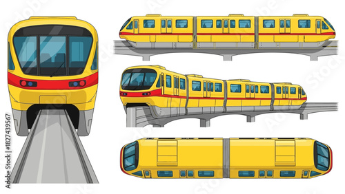 Illustration of a modern yellow monorail train viewed from the front and side angles