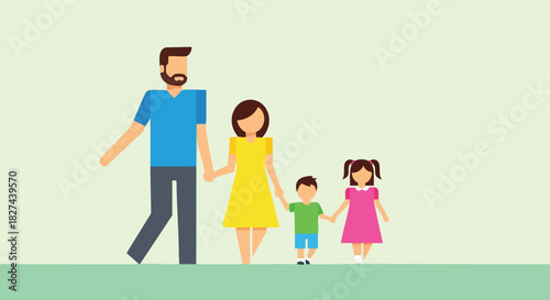 Flat Design Illustration of a Happy Family of Four Holding Hands While Walking Outdoors Together