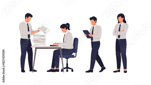 Office workers collaborating and handling paperwork in a professional business environment