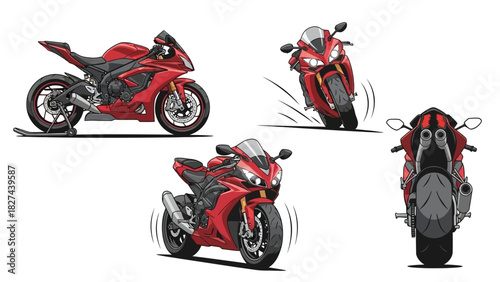 Collection of Sport Motorcycles in Red, Showcasing Dynamic Angles and Perspectives