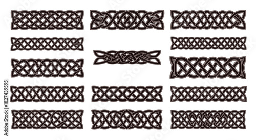 Collection of seamless Celtic knotwork borders and dividers in a traditional interwoven style for decorative frame designs.
