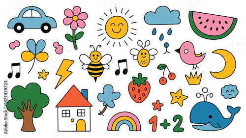 A delightful collection of hand-drawn whimsical elements, perfect for creating joyful patterns and designs