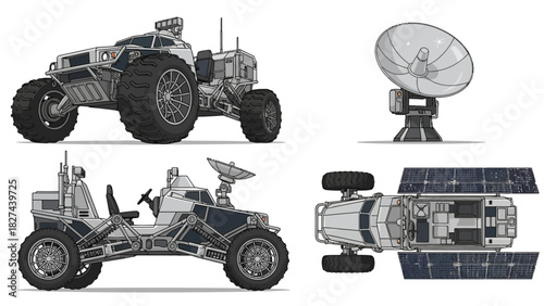 Space Exploration Rovers and Satellite Dish with Solar Panels in Detailed Illustration