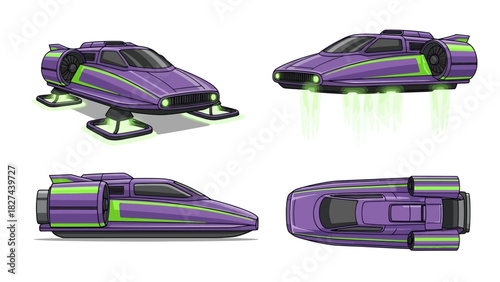 Futuristic Hovercar Concept Art With Multiple Views And Green Accents