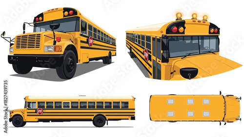 Various Views of a Classic Yellow School Bus Front, Side, Top, and Angled Perspectives