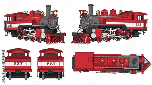 Vintage Red Steam Locomotive - Front, Side, and Top Views