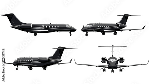 Private Jet Aircraft Views Front, Side, and Top Perspectives of a Sleek Business Airplane