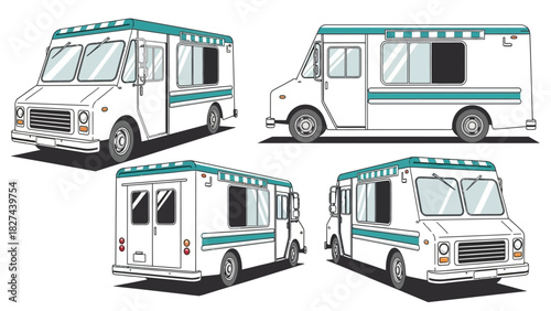 Set of food truck illustrations from multiple angles on a white background
