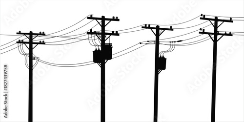 Black silhouette of utility poles with transformers and power lines electricity infrastructure