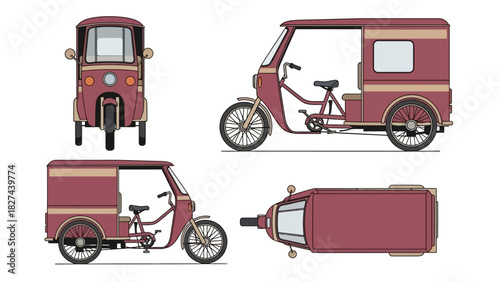 Three-Wheeled Vehicle Illustration Front, Side, and Top Views