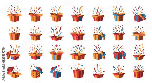 Collection of open gift boxes exploding with colorful confetti and streamers, symbolizing surprise, winnings, and celebrations.