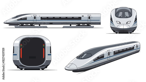 Modern High-Speed Train Design Renderings from Multiple Perspectives