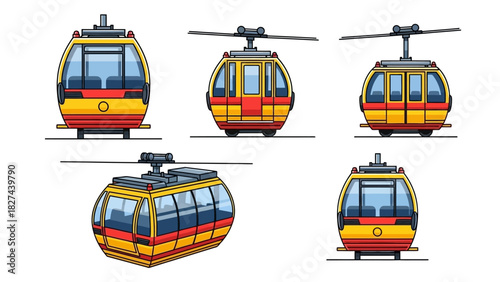 Set of five different angled views of a cable car cabin, yellow and red design