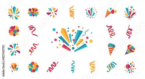 Colorful set of abstract confetti bursts, streamers, and party poppers for festive celebration and event announcement designs.
