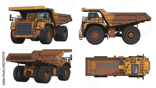Set of detailed illustrations of a heavy-duty mining dump truck from multiple perspectives