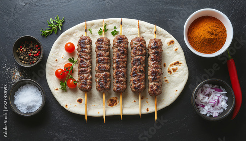 Lyulya kebab Azerbaijani grilled minced meat flat lay