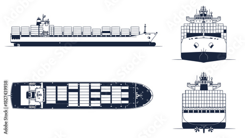 Container Ship Blueprints Multi-Angle Views of a Modern Cargo Vessel