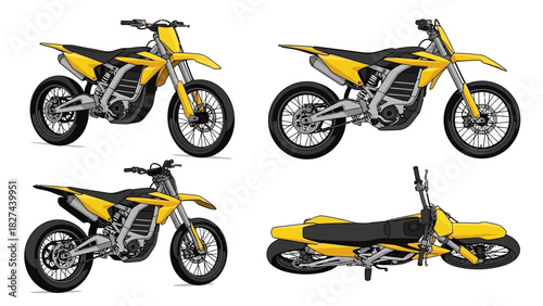 Four Views of a Sleek Yellow Electric Motocross Motorcycle on a White Background