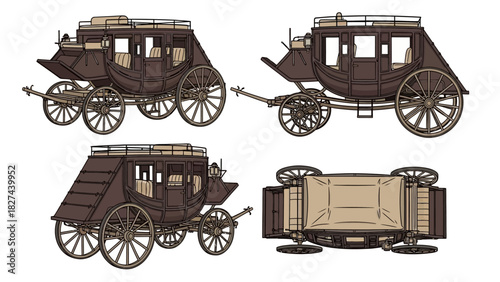 Vintage horse-drawn carriage from multiple angles, showcasing antique transportation design