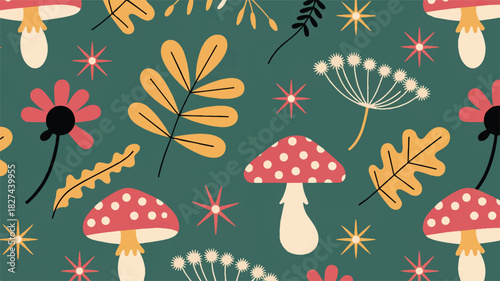 Enchanting whimsical autumn pattern design featuring spotted mushrooms, golden leaves, and delicate flora on a deep teal background, perfect for textiles
