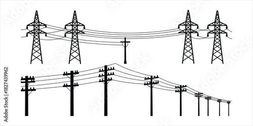 Black silhouette of power lines and transmission towers against white electricity pylon