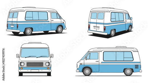 Various views of a classic blue and white van, perfect for retro transport illustrations