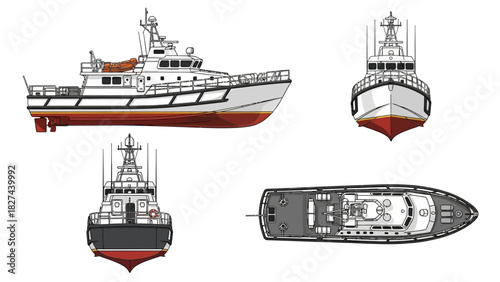 Naval Patrol Boat Multi-View Technical Illustration of Maritime Vessel Design