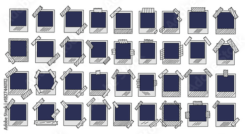 Large set of doodle-style instant photo frames, with and without adhesive tape, for creating scrapbooks and photo collages.