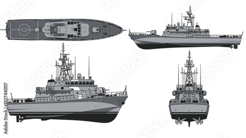 Naval vessel blueprints top, side, and front views of a modern warship
