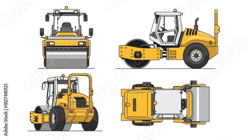 Construction vehicle a road roller in multiple views, an industrial machine for compacting surfaces