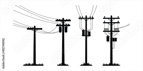 Black silhouette of four utility poles with transformers and wires on white background power line