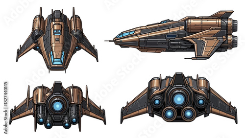 3D Render of a Futuristic Spaceship from Multiple Angles