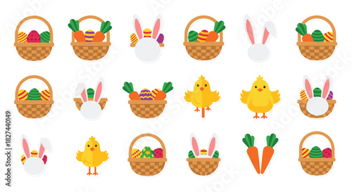 Cute sticker collection of Easter-themed elements including baskets with eggs, baby chicks, and bunny ears for holiday design.