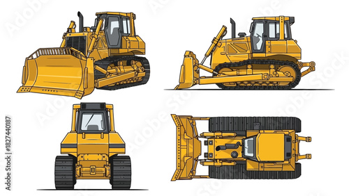 Construction heavy machinery yellow bulldozer multiple views illustration