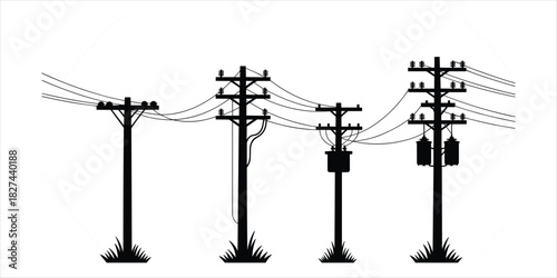 Black silhouette of four utility poles with wires and transformers power line electricity