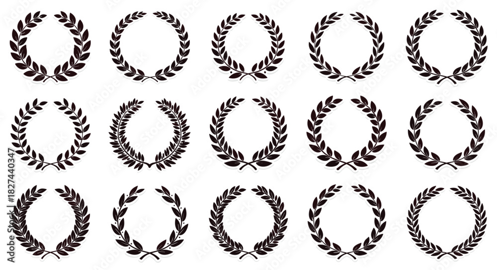 Obraz premium Collection of black laurel wreaths with a grunge texture, symbolizing victory, honor, and achievement in a vintage style.