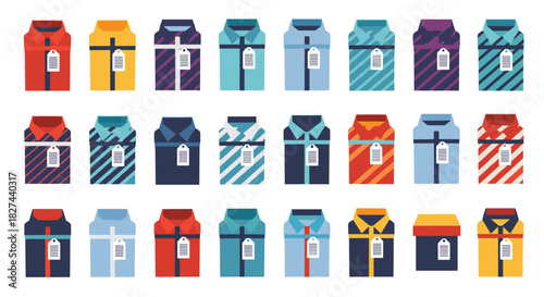 Colorful collection of neatly folded shirts with price tags, representing shopping, sales, and the retail clothing industry.