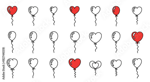 Simple doodle set of red and white balloons in round and heart shapes, hand-drawn for birthday and valentine's day designs.