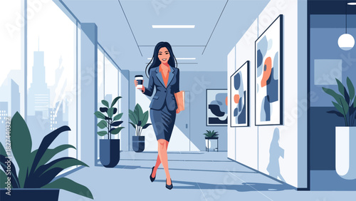 Stylish professional woman walking through office hall holding coffee and documents. Ideal for business lifestyle, mobility, and modern workplace scenes