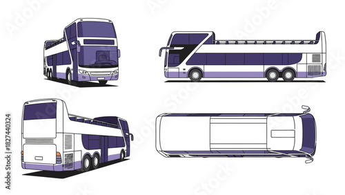 Set of Double-Decker Bus Views, Architectural Transportation Design Illustrations