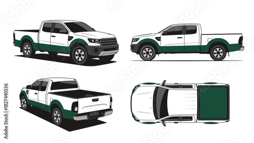 White and green pickup truck from multiple perspectives for design and automotive applications