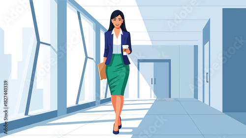 Stylish professional woman walking through office hall holding coffee and documents. Ideal for business lifestyle, mobility, and modern workplace scenes