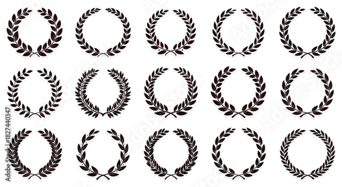 Collection of black laurel wreaths with a grunge texture, symbolizing victory, honor, and achievement in a vintage style.