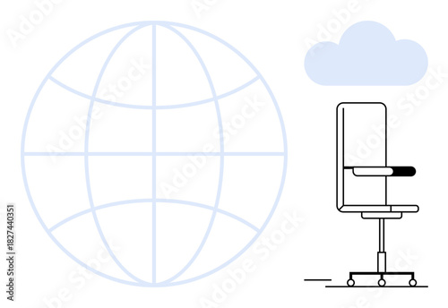 Office chair beside a globe outline and minimalist cloud icon. Ideal for global collaboration, remote work, workplace culture, innovation, technology, networking, professional settings. Simple flat