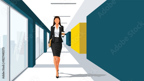 Stylish professional woman walking through office hall holding coffee and documents. Ideal for business lifestyle, mobility, and modern workplace scenes