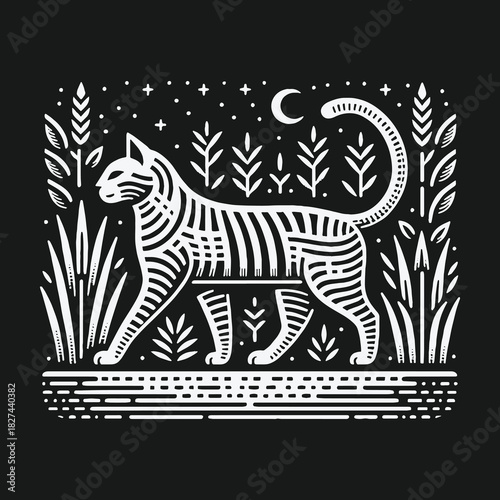 Mystical striped cat walking through a field at night illustration.