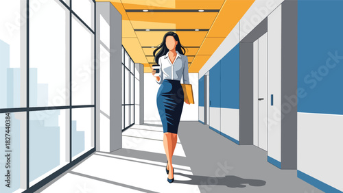 Stylish professional woman walking through office hall holding coffee and documents. Ideal for business lifestyle, mobility, and modern workplace scenes