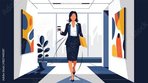 Stylish professional woman walking through office hall holding coffee and documents. Ideal for business lifestyle, mobility, and modern workplace scenes