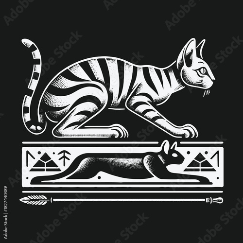 Ancient Egyptian striped cat illustration in a bold graphic style.